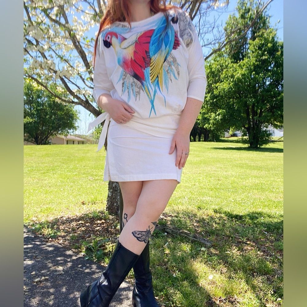 Vintage Young Edwardian Parrot Retro Avant Garde 80s Bird Mini Dress